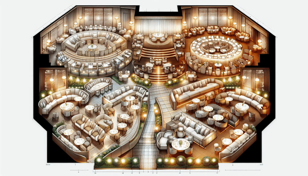 A detailed illustration of seating layouts and configurations in a premium venue.