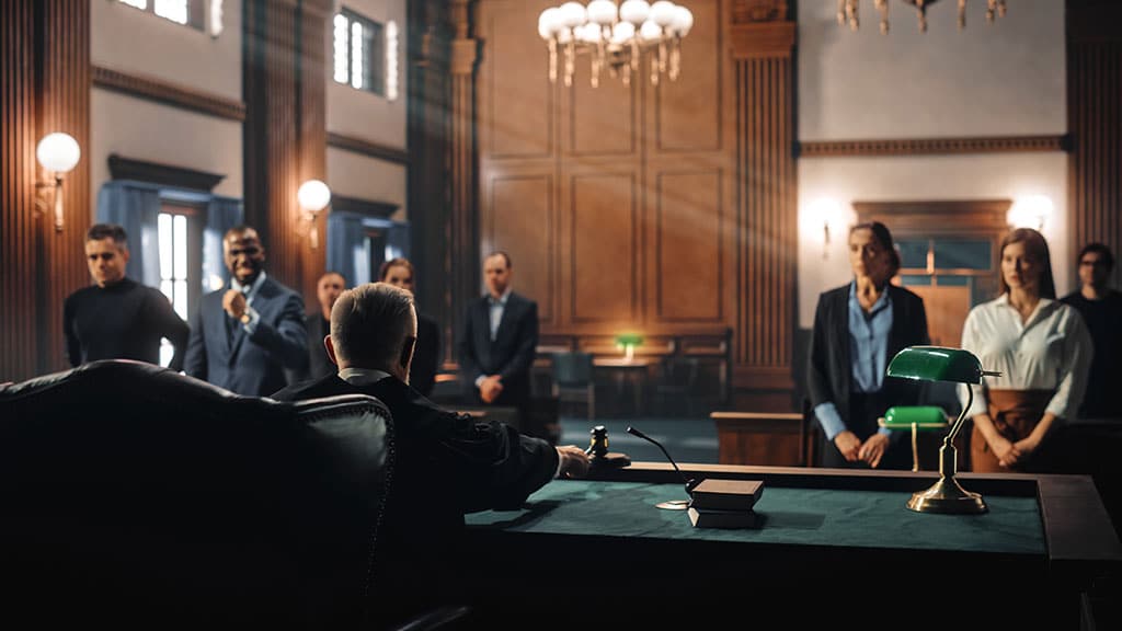 A courtroom scene representing family court laws.