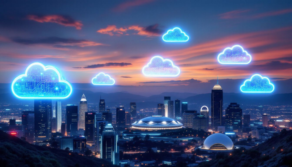 A city skyline of Los Angeles with cloud icons representing cloud backup services.