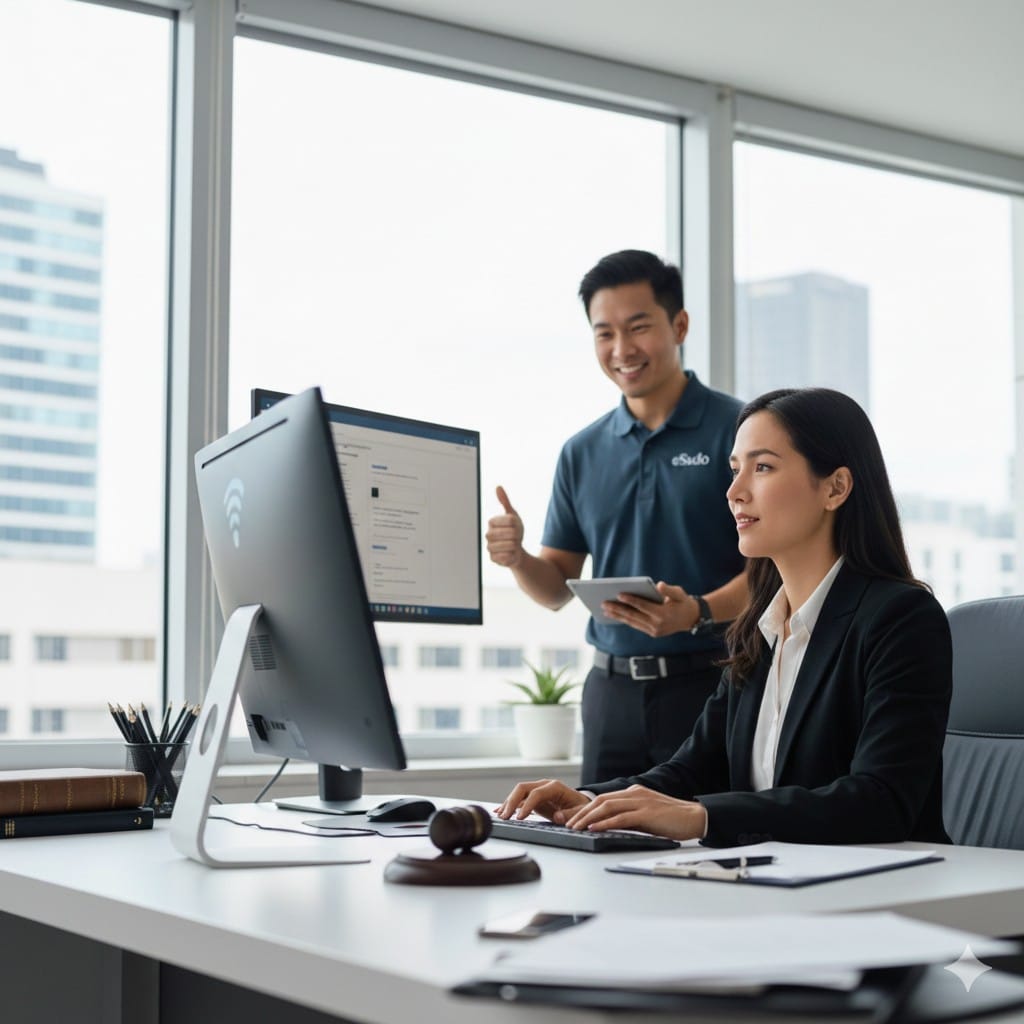 Attorney working securely on a laptop in a modern law office while supported by a professional IT specialist.