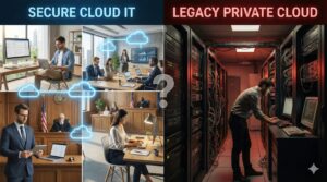 Modern law firm using secure cloud vs outdated server room, showing secure vs private cloud choice for small firms.