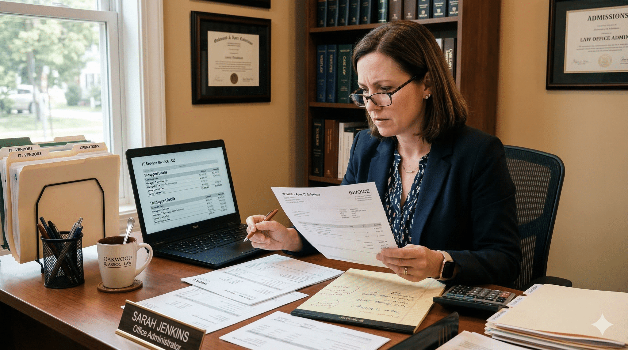 Law firm office administrator reviewing confusing IT invoices — a common sign it may be time to evaluate your IT provider