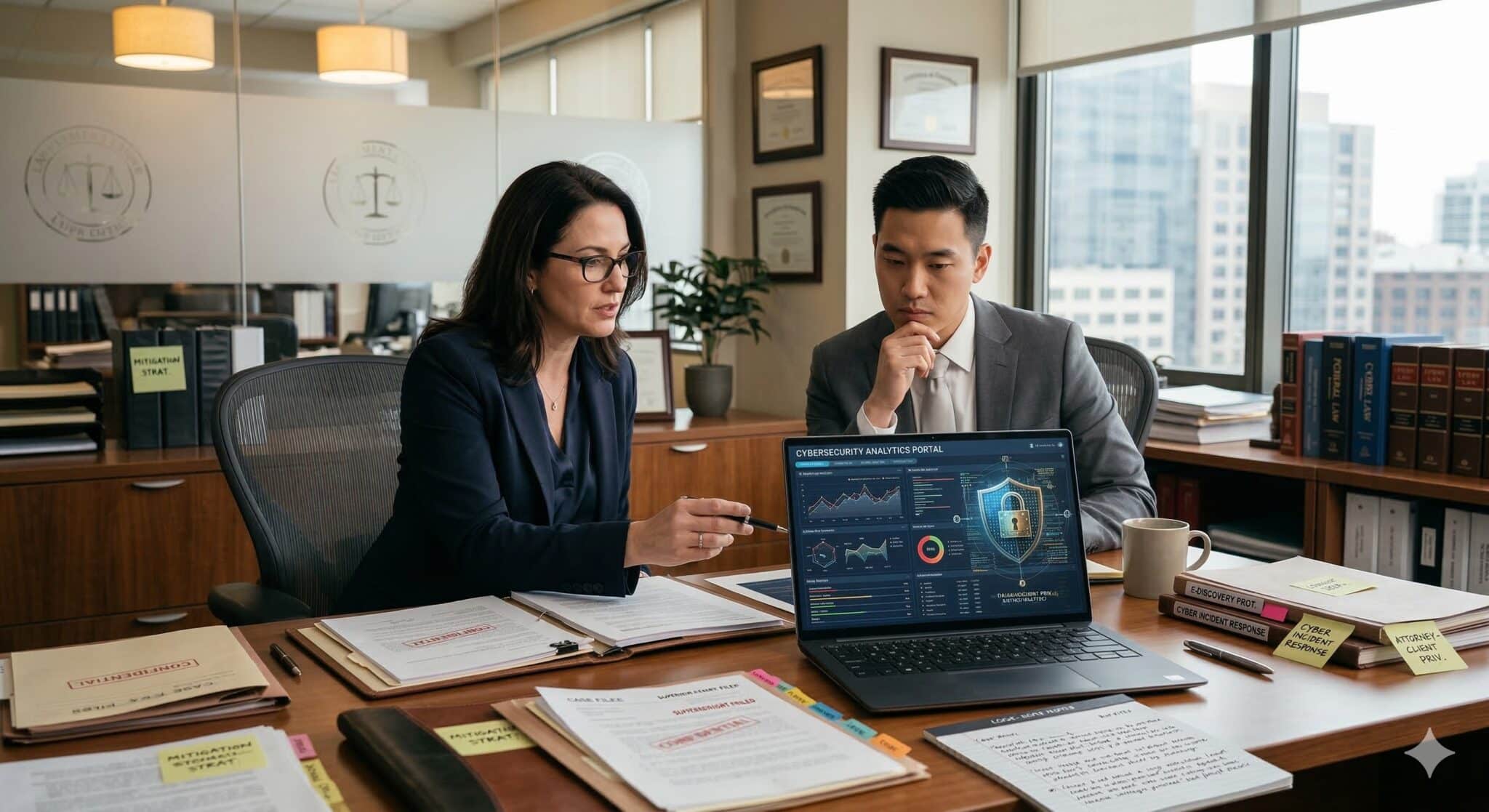 Law firm office manager reviewing cybersecurity and technology strategy to protect client data