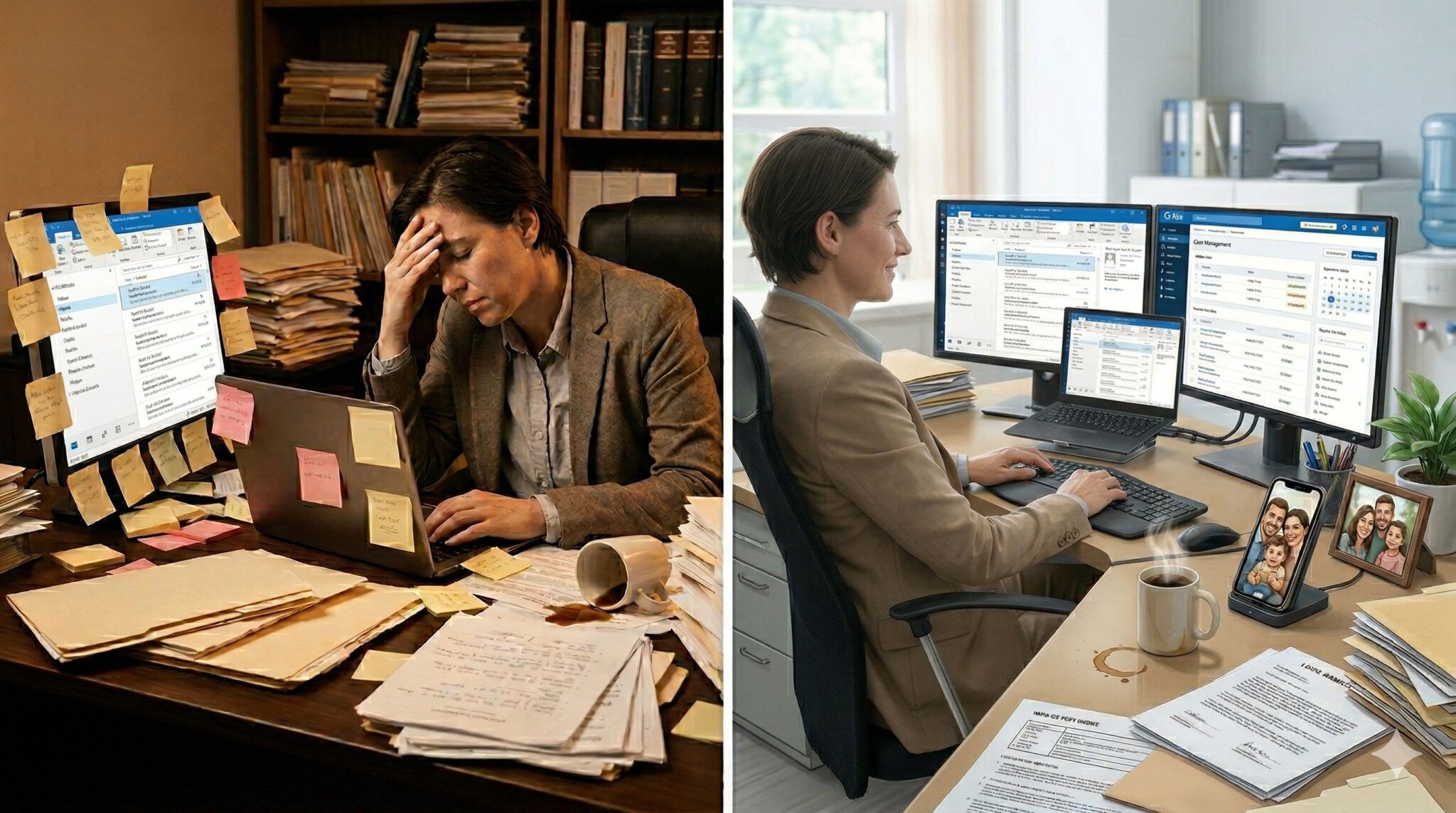 Side-by-side comparison of a stressed attorney managing cases with spreadsheets and sticky notes versus a relaxed attorney using legal case management software like Clio or MyCase on a clean organized desk