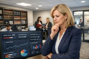 Law firm leader reviewing an operational dashboard in a modern office environment.