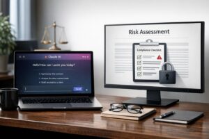 Business professional reviewing AI tool options on dual monitors in a law firm office setting