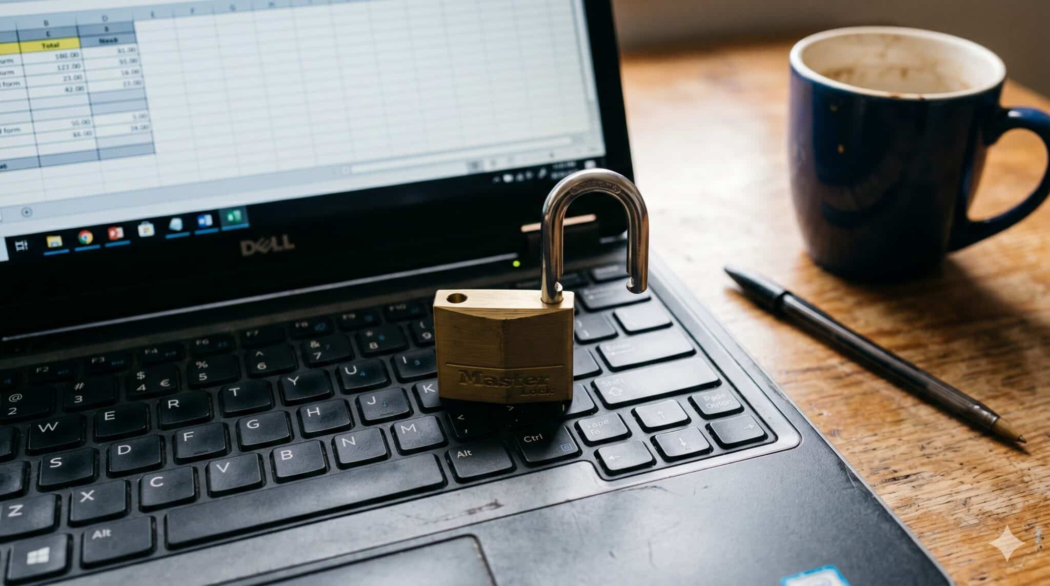 Open Master padlock sitting on a Dell laptop keyboard with a spreadsheet of client data visible on screen, representing unsecured AI-built apps at law firms